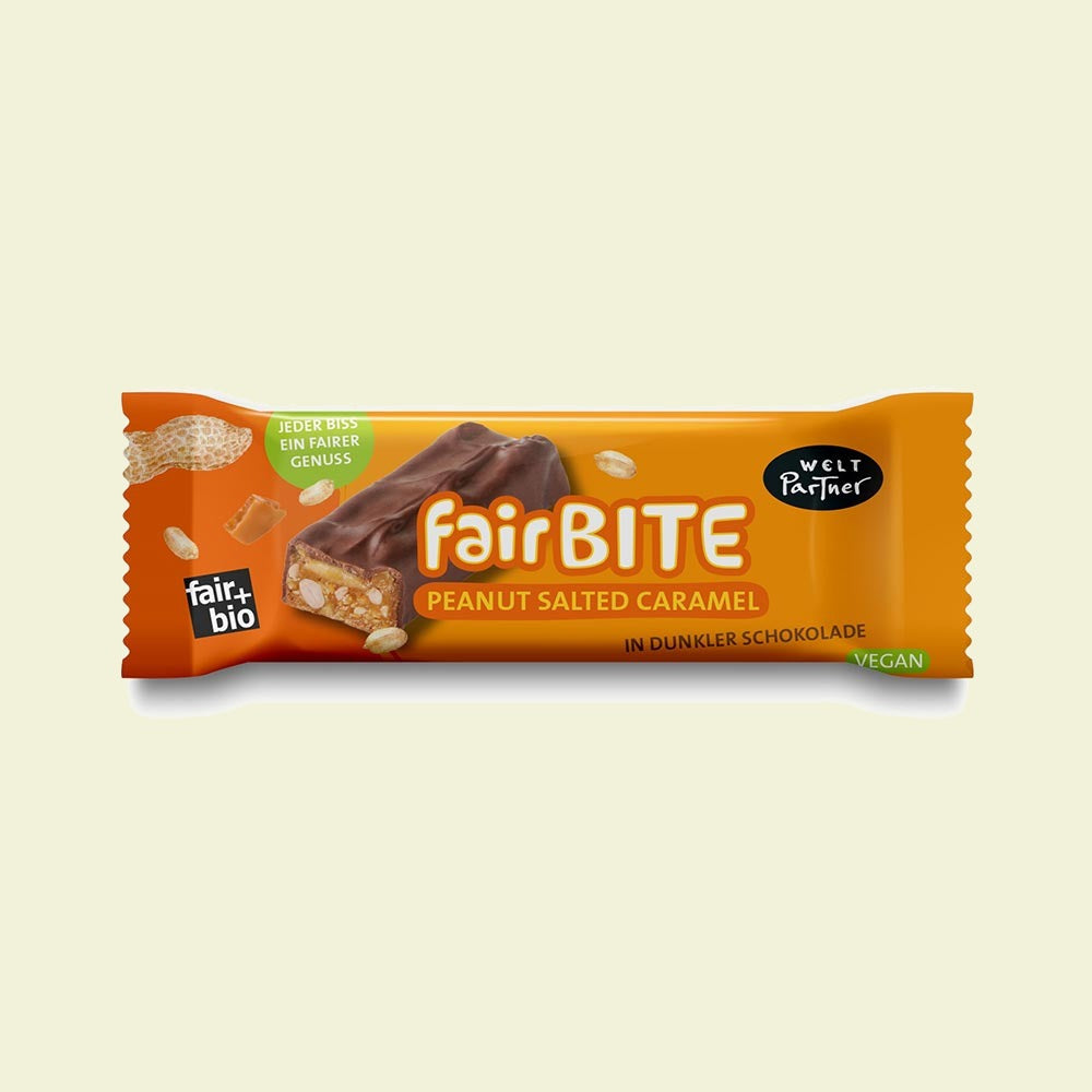 fairBITE Schokoriegel, Erdnuss Salted Caramel, bio